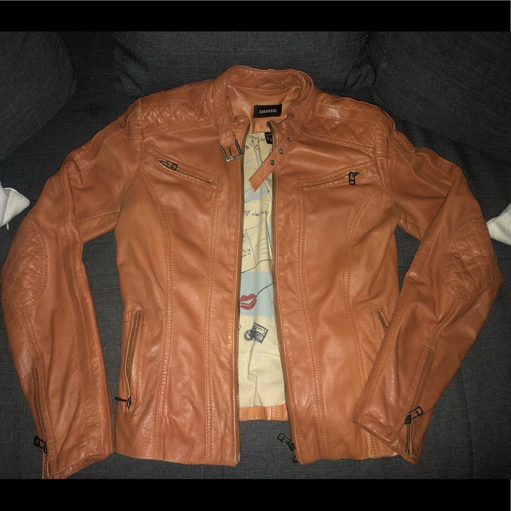 Danier leather tan bright brown xxs biker jacket read description view pictures